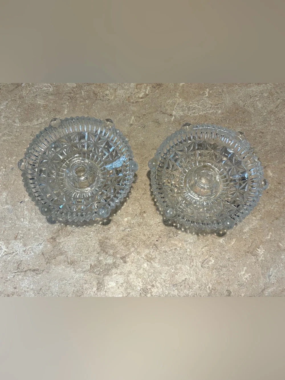 Vintage Clear Pressed Glass Starburst Taper Candle Holders Pair